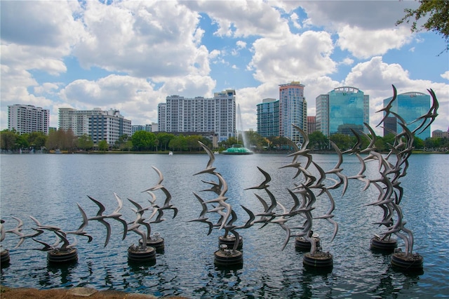 view of water feature with a view of city