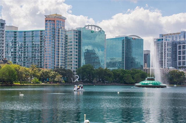 view of water feature with a view of city