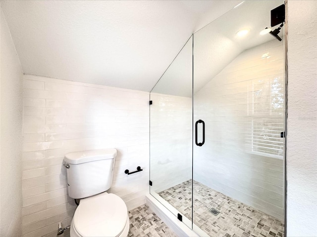 full bath featuring lofted ceiling, a shower stall, and toilet