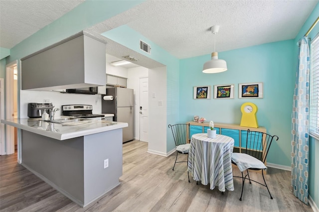 kitchen with light wood-style flooring, a sink, visible vents, stainless steel range with electric cooktop, and freestanding refrigerator