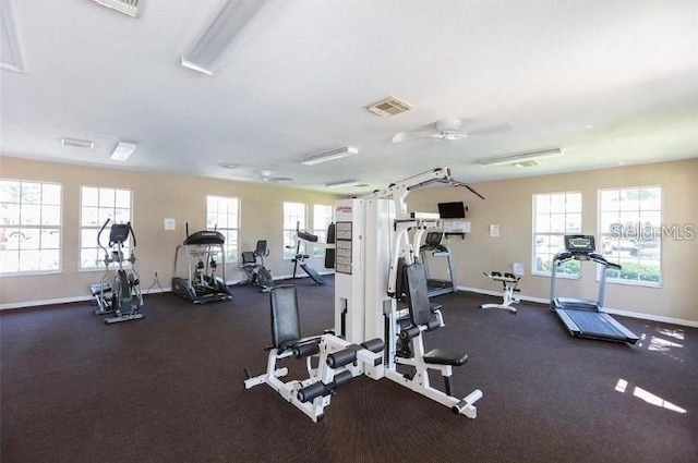 gym featuring a ceiling fan, visible vents, and baseboards