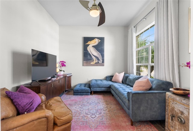 living room featuring ceiling fan