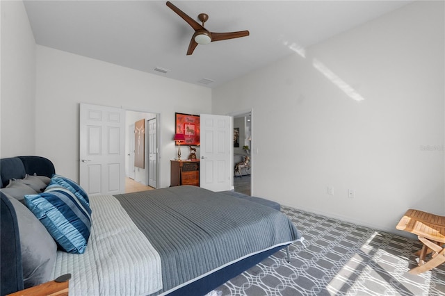 bedroom featuring visible vents and a ceiling fan