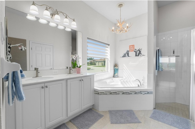 bathroom featuring double vanity, tiled shower, a sink, and a bath