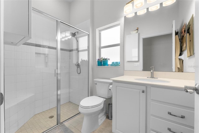 full bathroom featuring a shower stall, vanity, and toilet