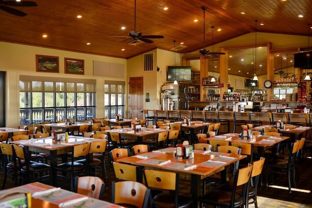 dining room with visible vents, a ceiling fan, wood ceiling, high vaulted ceiling, and recessed lighting