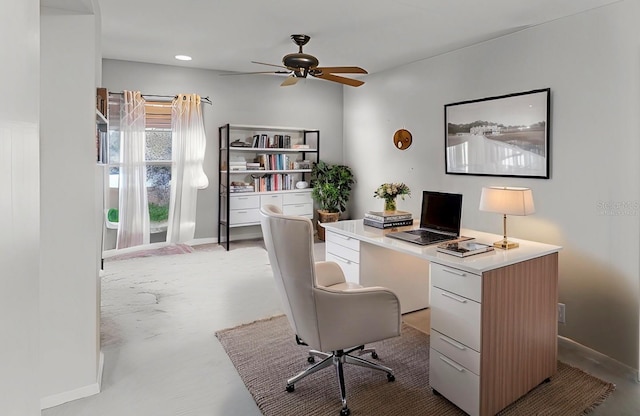 home office with recessed lighting, ceiling fan, and baseboards