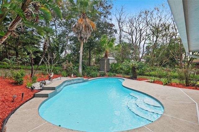 outdoor pool with an outbuilding, a patio, and a storage unit