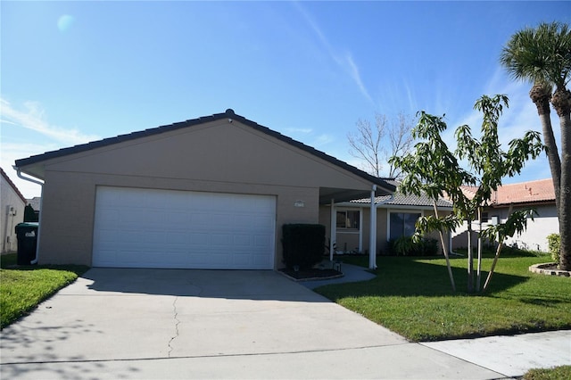 ranch-style house with driveway, a tile roof, an attached garage, a front yard, and stucco siding