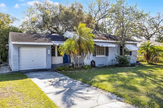 ranch-style home with an attached garage, driveway, a front lawn, and roof with shingles