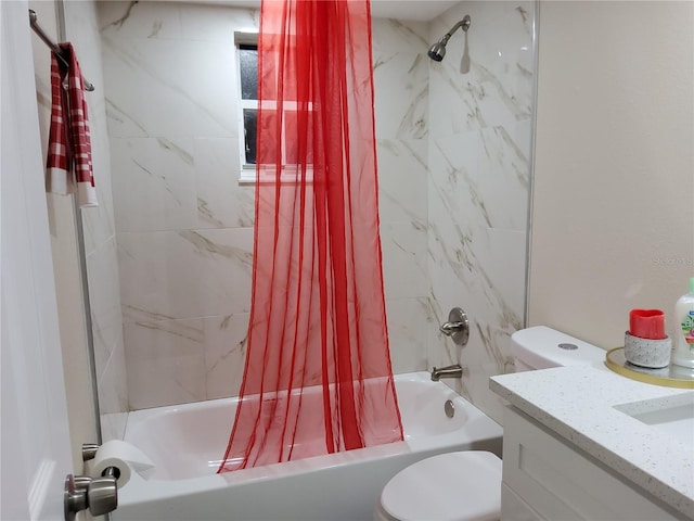 bathroom with toilet, shower / bath combo with shower curtain, and vanity