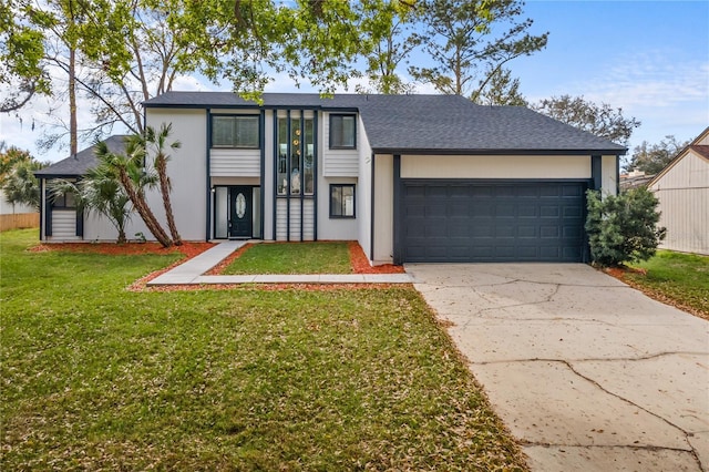 view of front of property featuring roof with shingles, stucco siding, concrete driveway, an attached garage, and a front yard