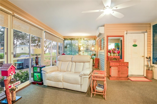 sunroom / solarium with an AC wall unit and ceiling fan