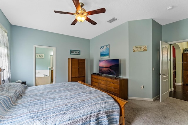 3320 Ashmount Dr, Orlando, FL 32828 - bedroom featuring baseboards, visible vents, arched walkways, ceiling fan, and carpet floors