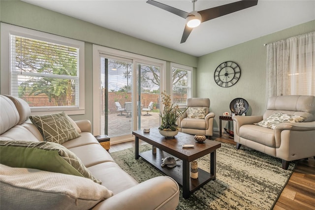 living area featuring a ceiling fan and wood finished floors