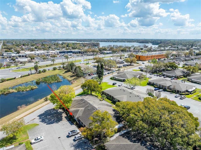 drone / aerial view featuring a water view