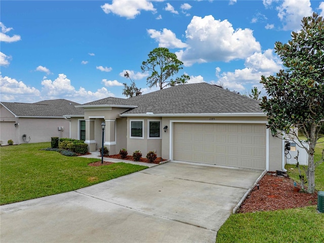 view of front of home with stucco siding, a shingled roof, an attached garage, driveway, and a front lawn