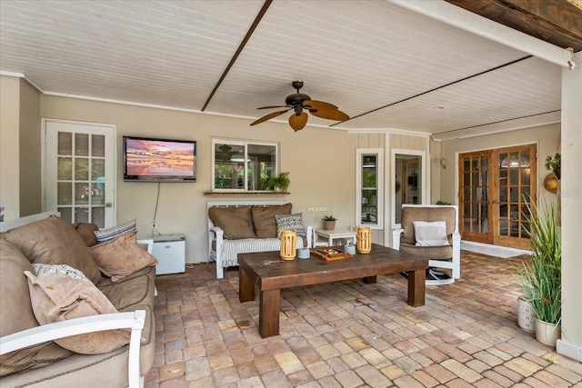 view of patio / terrace with a ceiling fan, french doors, and outdoor lounge area