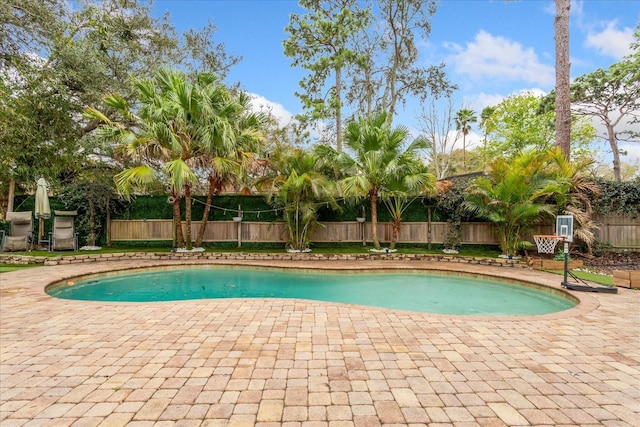 view of swimming pool with a fenced in pool, a patio area, and a fenced backyard