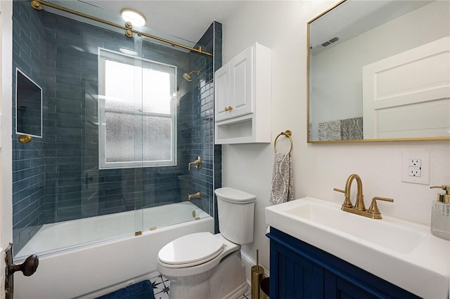 full bathroom with combined bath / shower with glass door, visible vents, toilet, and vanity