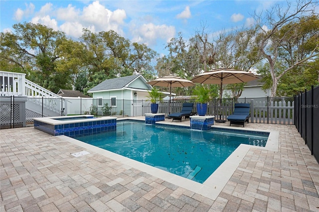 view of swimming pool featuring stairs, an in ground hot tub, a patio area, and fence