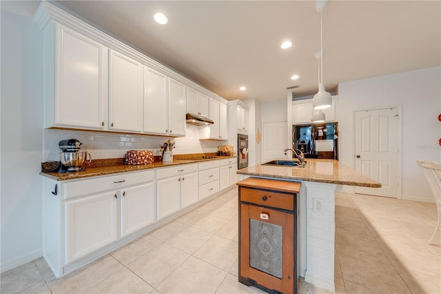 kitchen with under cabinet range hood, backsplash, a sink, and white cabinets