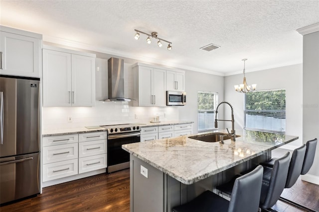 kitchen with pendant lighting, appliances with stainless steel finishes, white cabinets, wall chimney range hood, and an island with sink