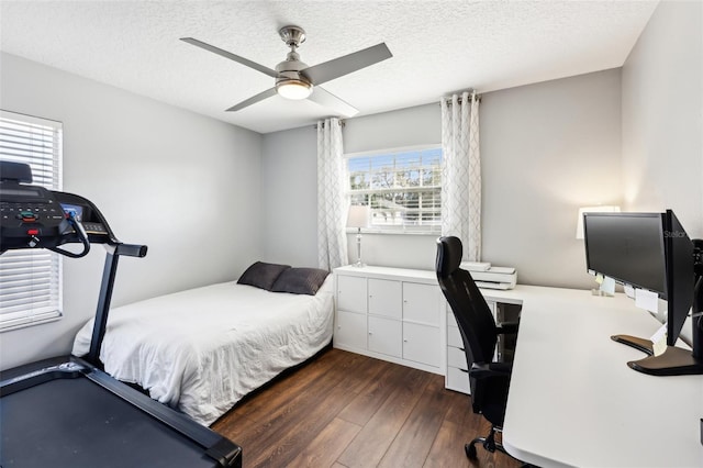 bedroom featuring dark wood-style floors, ceiling fan, and a textured ceiling