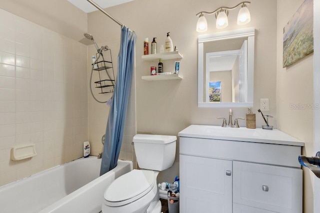 full bath with vanity, shower / bath combination with curtain, and toilet