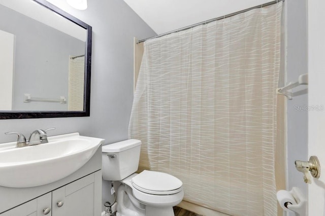 bathroom featuring toilet, a shower with curtain, and vanity