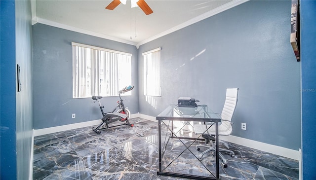 office space featuring ornamental molding, marble finish floor, ceiling fan, and baseboards