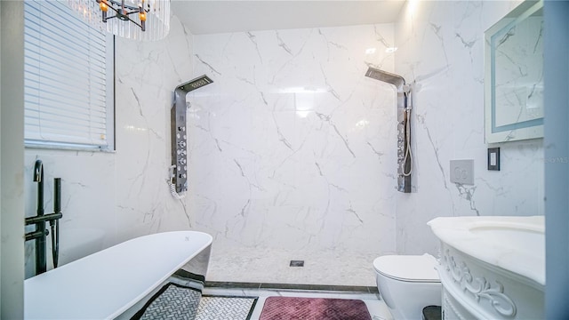 full bath featuring stone wall, walk in shower, toilet, and tile walls