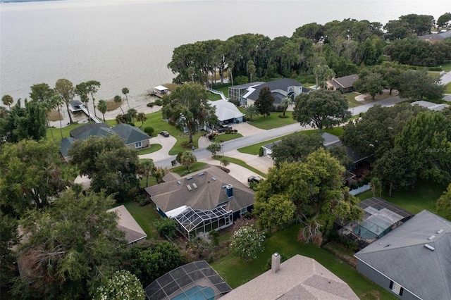 aerial view featuring a water view and a residential view