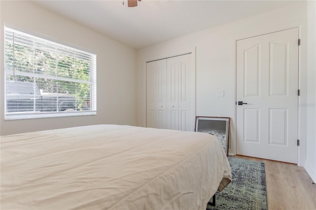 bedroom featuring light wood-style floors, a ceiling fan, and a closet