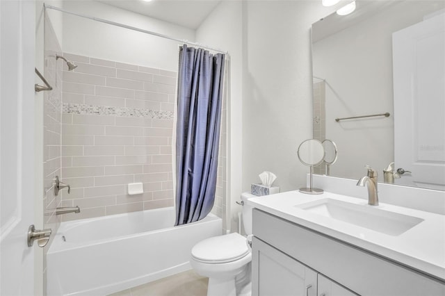 full bath featuring shower / tub combo, vanity, and toilet