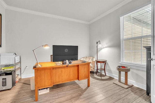 office featuring plenty of natural light, light wood-type flooring, and crown molding