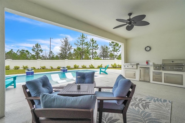 view of patio featuring a fenced backyard, an outdoor hangout area, a fenced in pool, and area for grilling