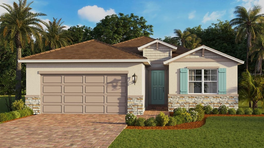 view of front facade featuring stone siding, an attached garage, a front lawn, and stucco siding