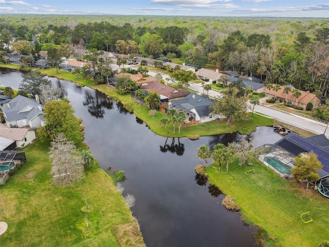 birds eye view of property with a water view and a residential view