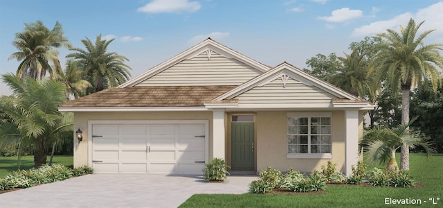 view of front of home with driveway, an attached garage, and stucco siding