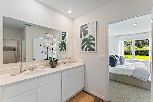 full bathroom featuring a walk in closet, connected bathroom, a sink, and double vanity