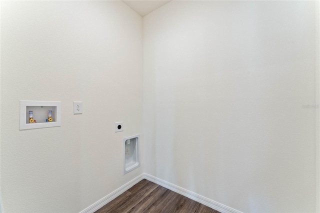 laundry area with hookup for a washing machine, dark wood-type flooring, hookup for an electric dryer, laundry area, and baseboards