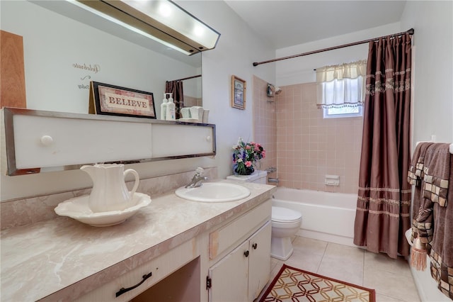 bathroom featuring toilet, shower / bath combination with curtain, tile patterned flooring, and vanity