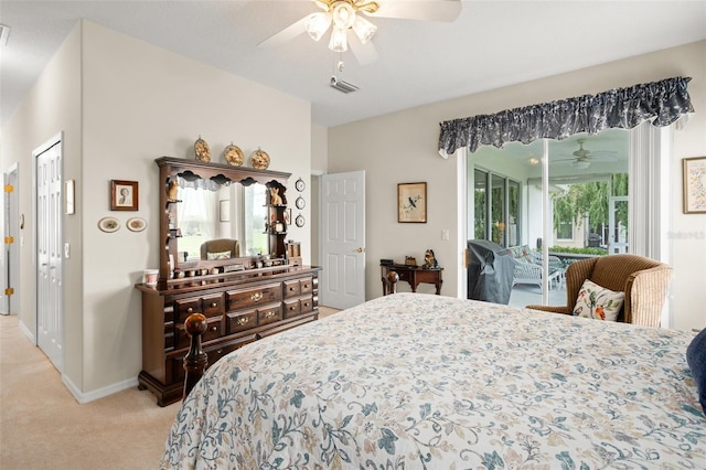 bedroom featuring a ceiling fan, visible vents, baseboards, light carpet, and access to outside