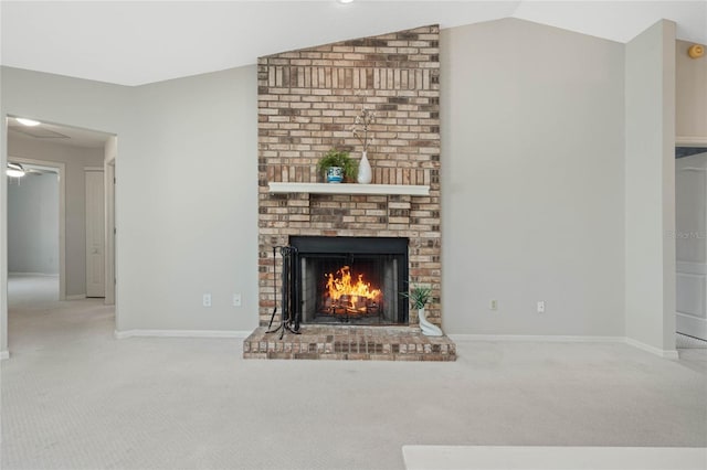 unfurnished living room featuring a fireplace, baseboards, vaulted ceiling, and carpet flooring