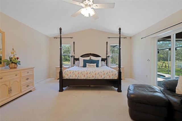 bedroom with light carpet, baseboards, a ceiling fan, access to outside, and vaulted ceiling