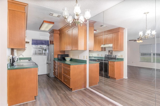 kitchen with electric stove, freestanding refrigerator, a sink, black microwave, and under cabinet range hood