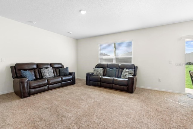 living area featuring a textured ceiling, baseboards, and light colored carpet