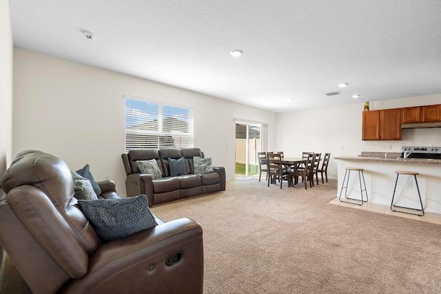 living area featuring visible vents, light carpet, and a textured ceiling