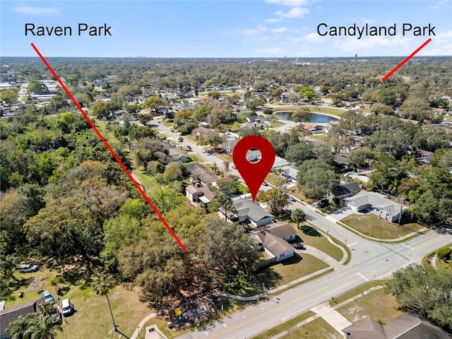 aerial view featuring a water view and a residential view